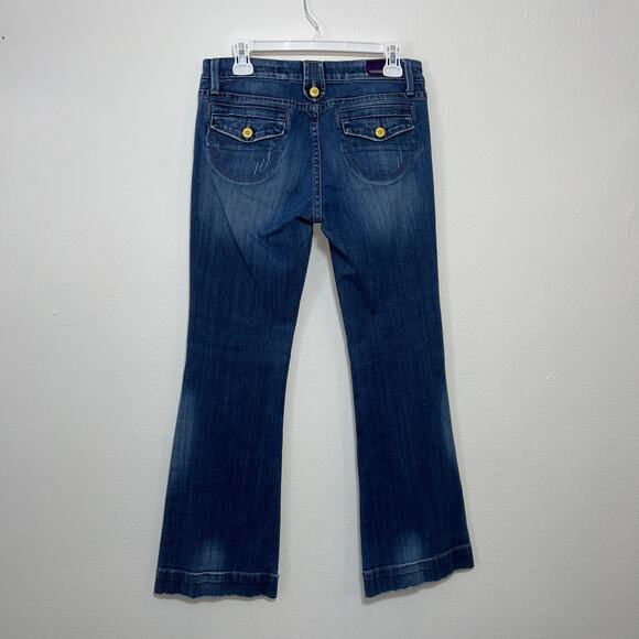 Vigoss Jeans Juniors 7 Flare Blue Stretch Denim Button Back Wide Cuff Distressed - Picture 7 of 10